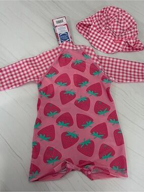 Skin Kids Pink Strawberry Rashguard Swimsuit with Gingham Sleeves and Hat